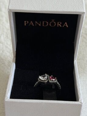 Pandora Sterling Silver Dual Heart Ring with Clear and Pink Stones